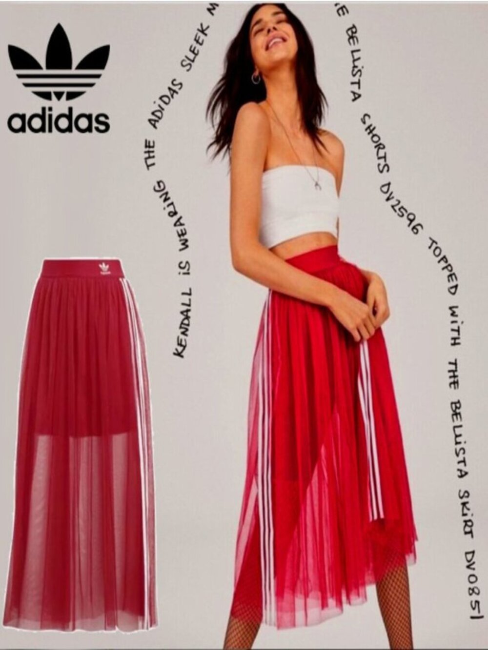 💥HOT ITEM!💥ADIDAS Edgy Chic Pleated Tulle Midi Skirt in Bright Red